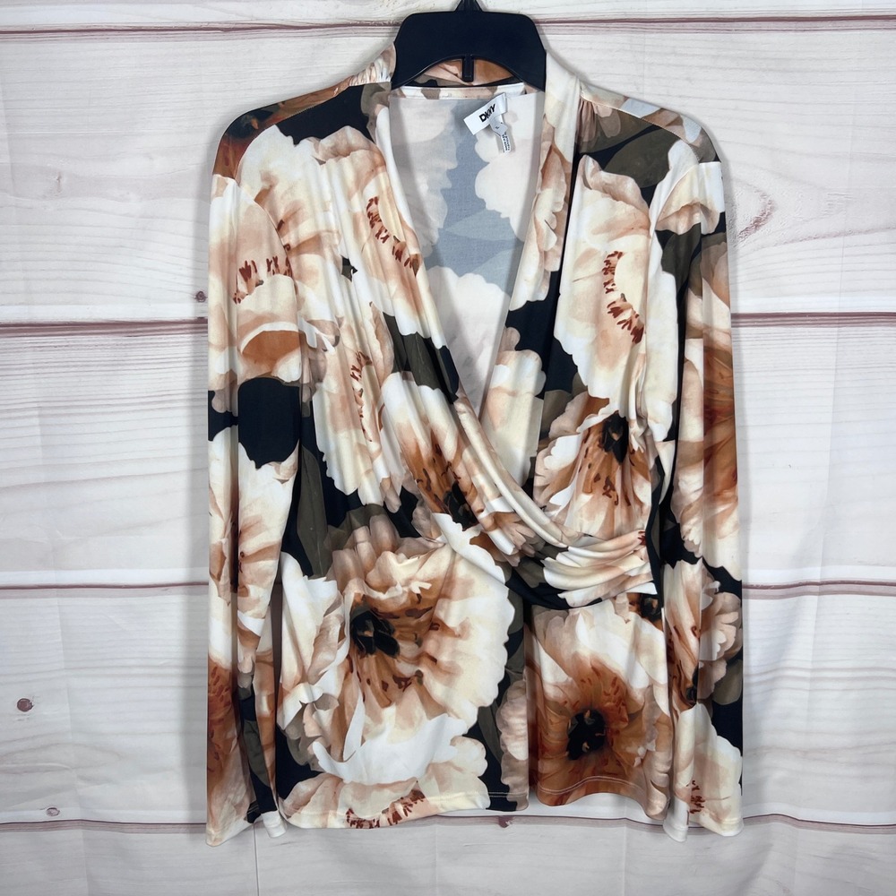 DKNY Faux Wrap Top Women XL Multicolor Floral Long Sleeve V-Neck Stretch Blouse